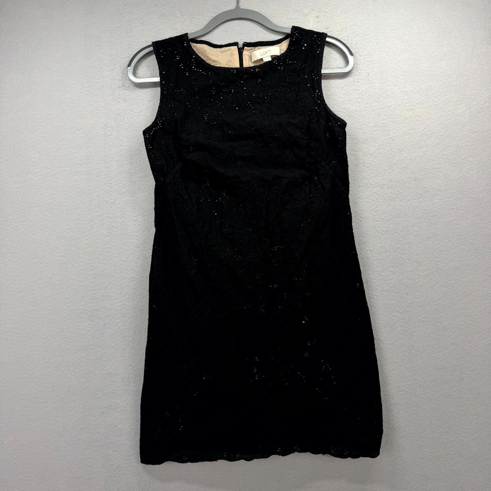 Ann Taylor LOFT Eyelet Sheath Dress Women 4 Black Tan Lining Sleeveless Back Zip